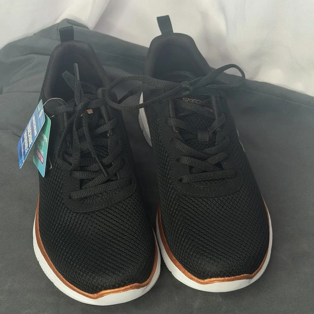 Skechers Flex Appeal 4.0 Black/Rose Gold Lace Up Sneakers. Sz. 7.5 NWT